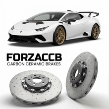 ForzaCCB direct OEM replacement carbon ceramic brake rotors for 2021 and newer Lamborghini Huracan STO models, shown with a white Lamborghini Huracan STO car.