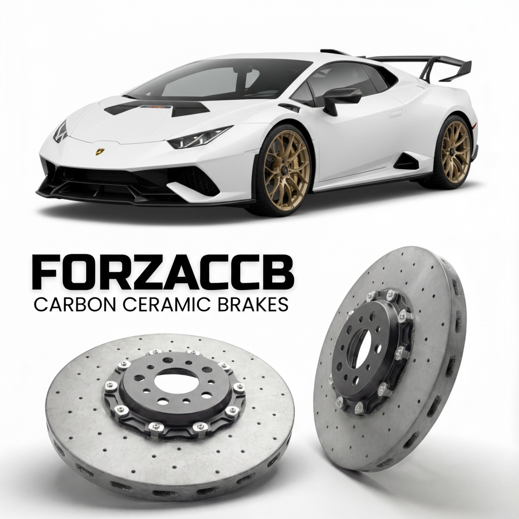 ForzaCCB direct OEM replacement carbon ceramic brake rotors for 2021 and newer Lamborghini Huracan STO models, shown with a white Lamborghini Huracan STO car.