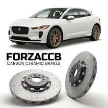 ForzaCCB direct OEM replacement carbon ceramic brake rotors for 2018 to 2023 Jaguar I-Pace models, shown with a white Jaguar I-Pace car.