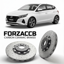 ForzaCCB direct OEM replacement carbon ceramic brake rotors for 2020 to 2026 Hyundai i20 models, shown with a white Hyundai i20 car.