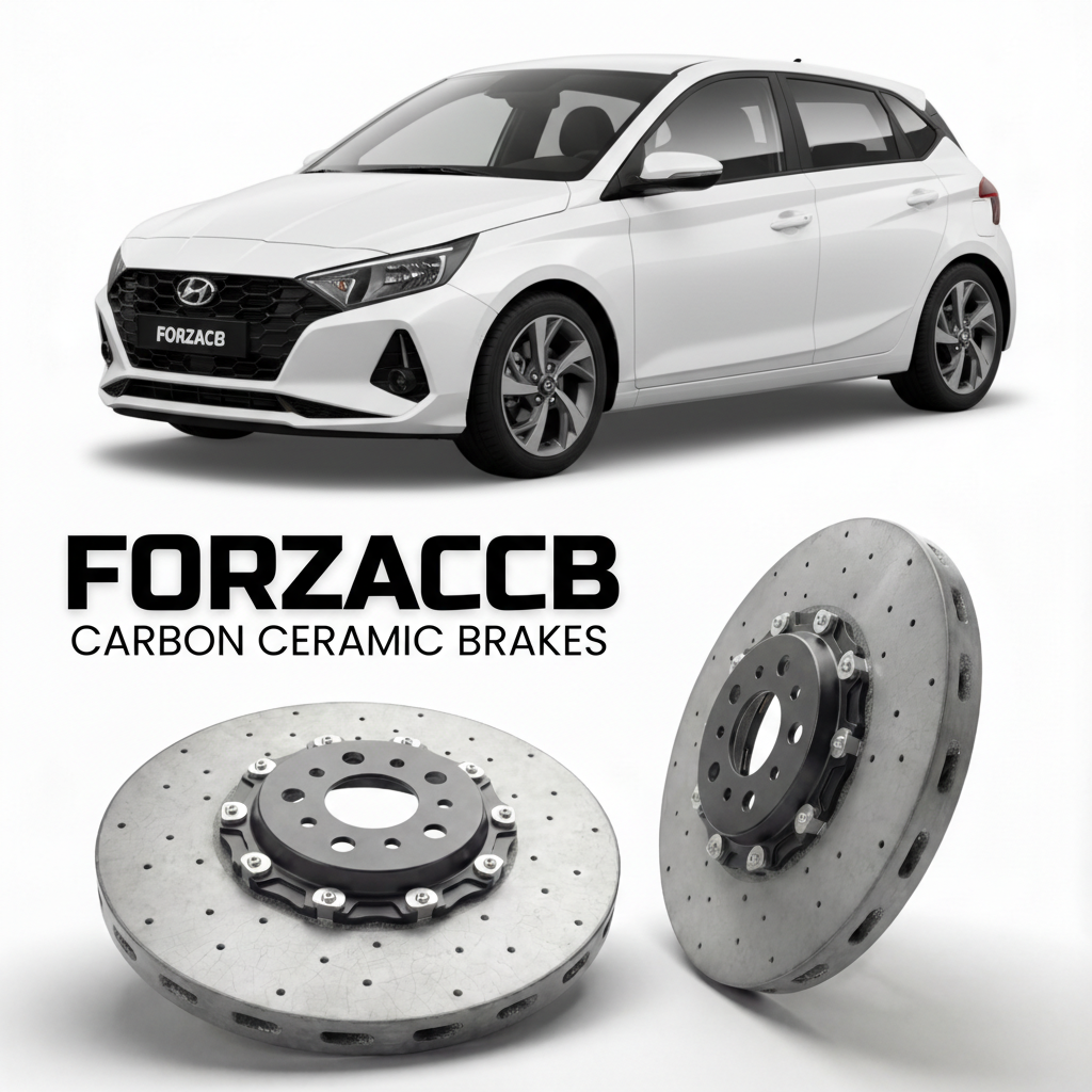 ForzaCCB direct OEM replacement carbon ceramic brake rotors for 2020 to 2026 Hyundai i20 models, shown with a white Hyundai i20 car.