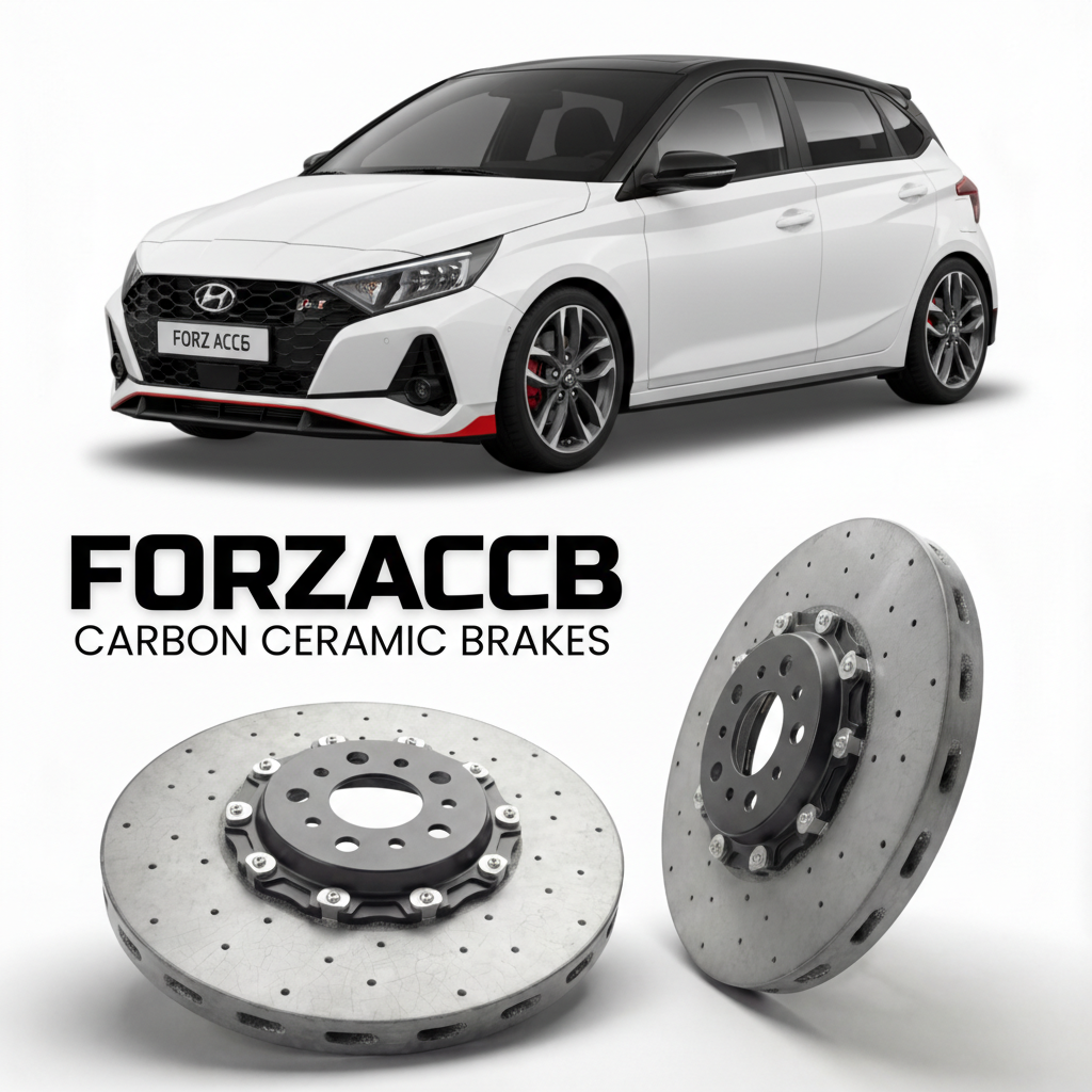 ForzaCCB direct OEM replacement carbon ceramic brake rotors for 2021 to 2026 Hyundai i20 N Line models, shown with a white Hyundai i20 N Line car.