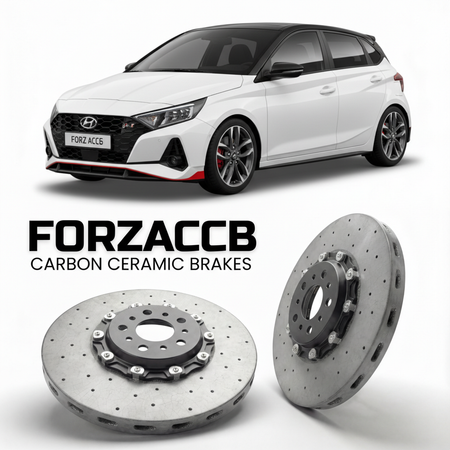 ForzaCCB direct OEM replacement carbon ceramic brake rotors for 2021 to 2026 Hyundai i20 N Line models, shown with a white Hyundai i20 N Line car.