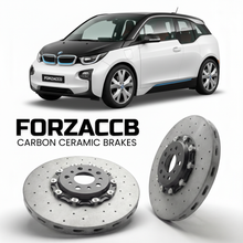 ForzaCCB direct OEM replacement carbon ceramic brake rotors for 2013 to 2022 BMW i3 I01 models, shown with a white BMW i3 car.