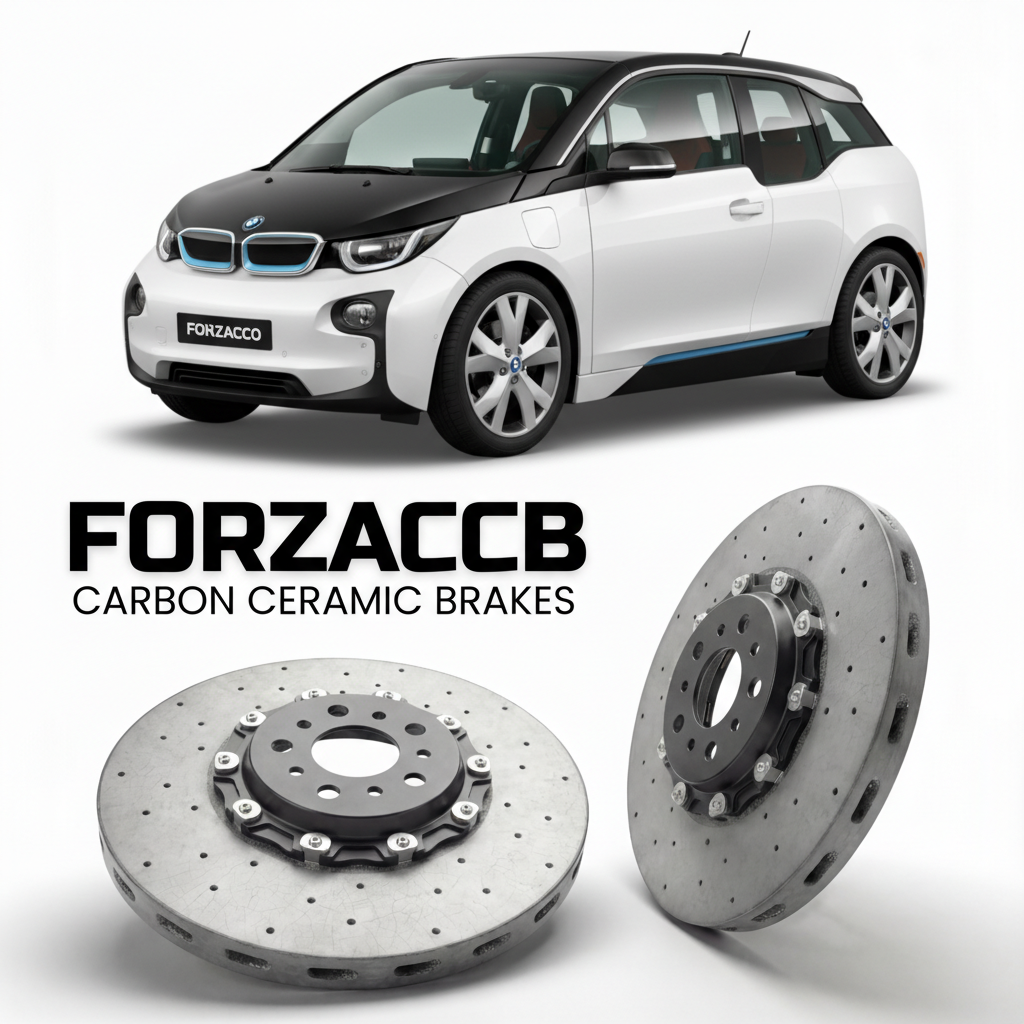 ForzaCCB direct OEM replacement carbon ceramic brake rotors for 2013 to 2022 BMW i3 I01 models, shown with a white BMW i3 car.