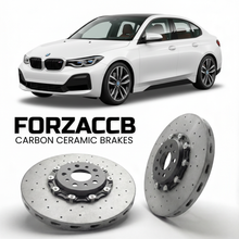 ForzaCCB direct OEM replacement carbon ceramic brake rotors for 2022 and newer BMW i3 Sedan G28 models, shown with a white BMW i3 Sedan car.