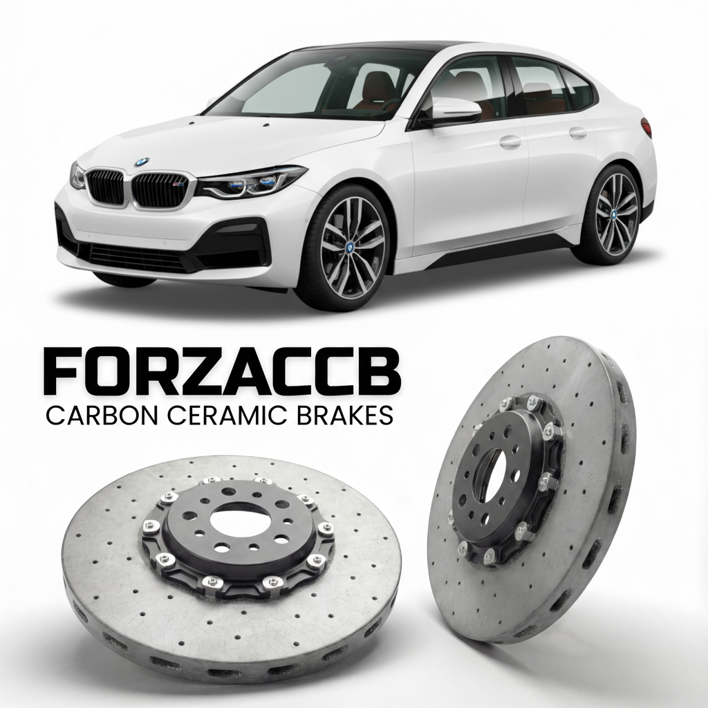ForzaCCB direct OEM replacement carbon ceramic brake rotors for 2022 and newer BMW i3 Sedan G28 models, shown with a white BMW i3 Sedan car.