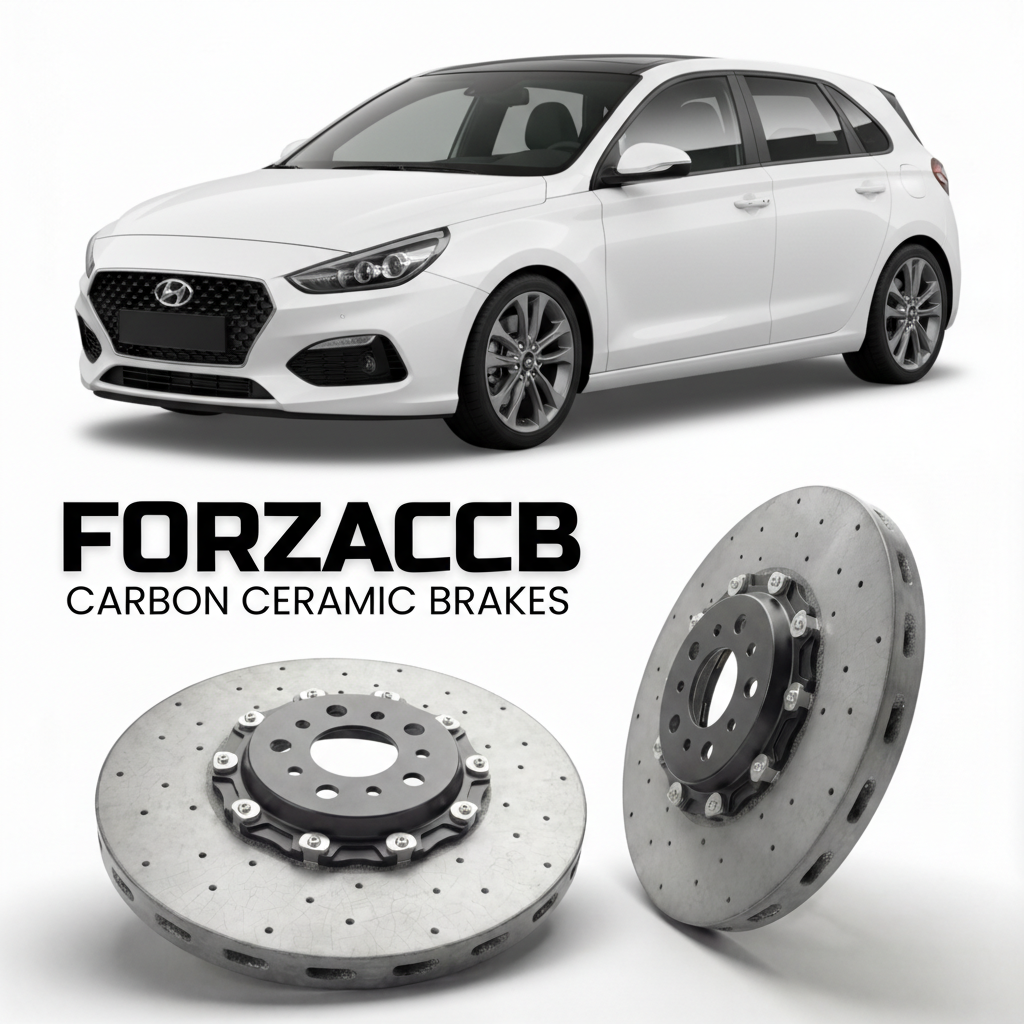 ForzaCCB direct OEM replacement carbon ceramic brake rotors for 2019 to 2026 Hyundai i30 models, shown with a white Hyundai i30 car.