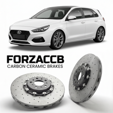 ForzaCCB direct OEM replacement carbon ceramic brake rotors for 2019 to 2026 Hyundai i30 models, shown with a white Hyundai i30 car.