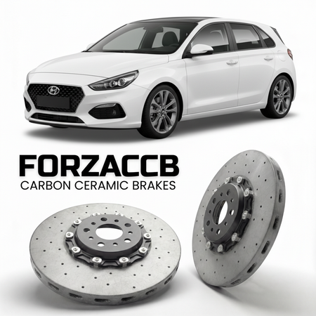 ForzaCCB direct OEM replacement carbon ceramic brake rotors for 2019 to 2026 Hyundai i30 models, shown with a white Hyundai i30 car.