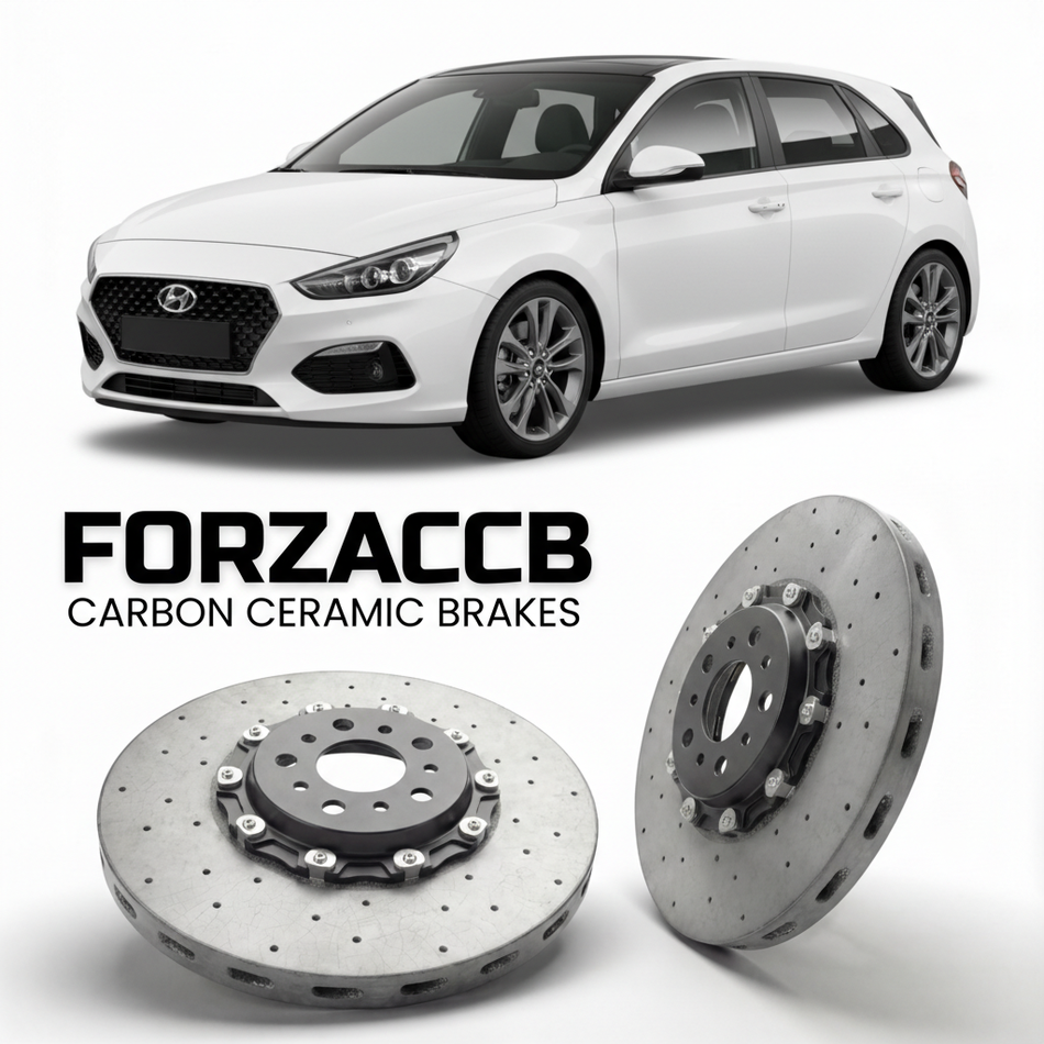 ForzaCCB direct OEM replacement carbon ceramic brake rotors for 2019 to 2026 Hyundai i30 models, shown with a white Hyundai i30 car.