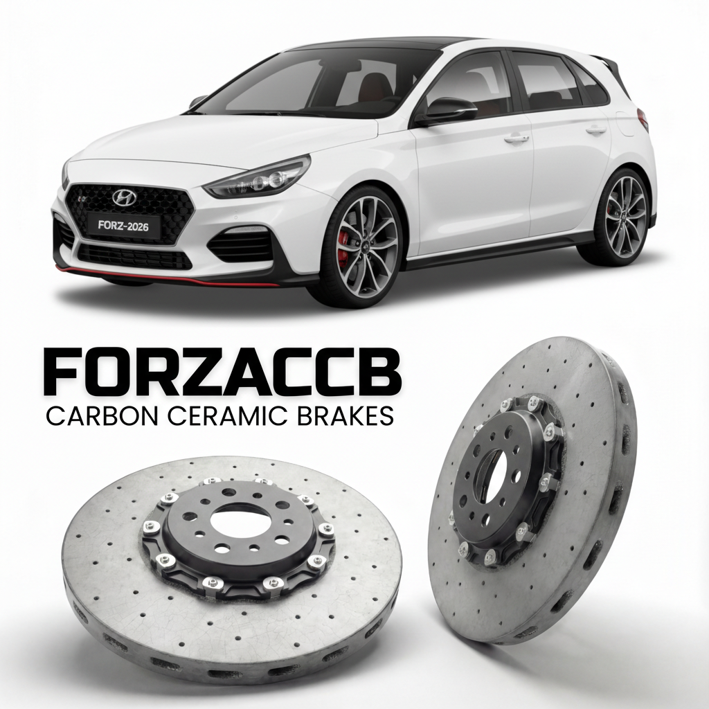 ForzaCCB direct OEM replacement carbon ceramic brake rotors for 2019 to 2026 Hyundai i30 N models, shown with a white Hyundai i30 N car.