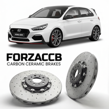 ForzaCCB direct OEM replacement carbon ceramic brake rotors for 2019 to 2026 Hyundai i30 N models, shown with a white Hyundai i30 N car.