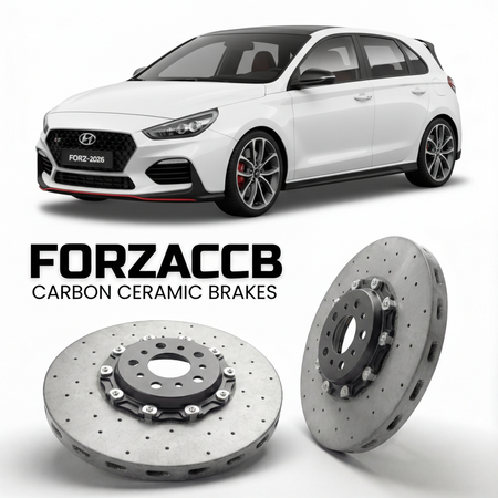 ForzaCCB direct OEM replacement carbon ceramic brake rotors for 2019 to 2026 Hyundai i30 N models, shown with a white Hyundai i30 N car.