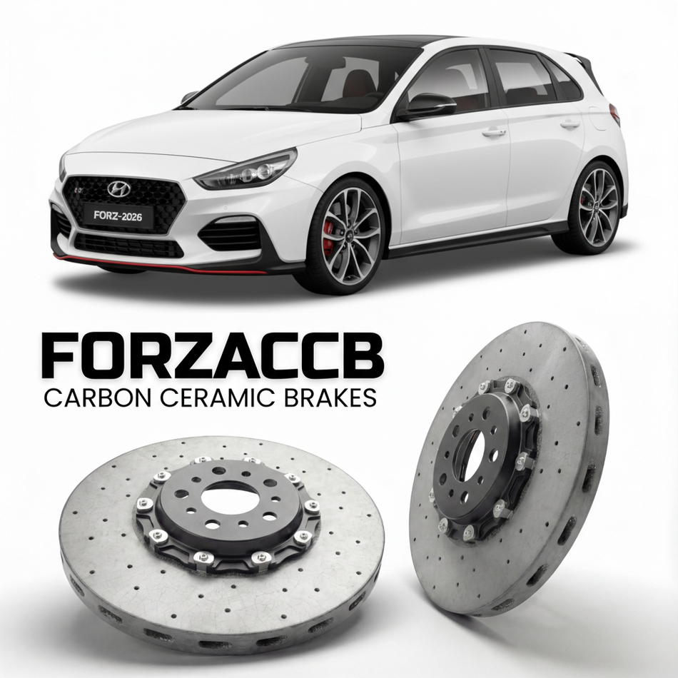 ForzaCCB direct OEM replacement carbon ceramic brake rotors for 2019 to 2026 Hyundai i30 N models, shown with a white Hyundai i30 N car.