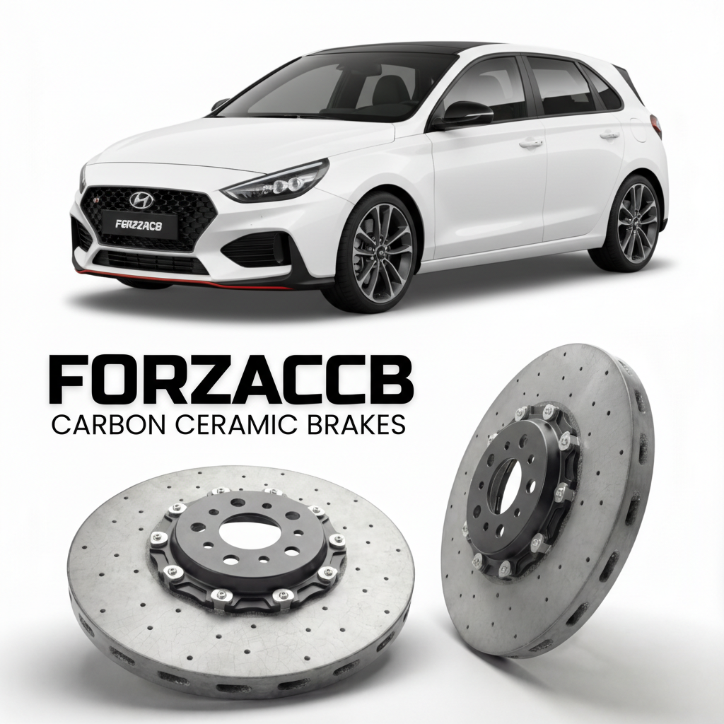 ForzaCCB direct OEM replacement carbon ceramic brake rotors for 2021 to 2026 Hyundai i30 N Line models, shown with a white Hyundai i30 N Line car.