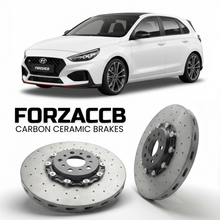 ForzaCCB direct OEM replacement carbon ceramic brake rotors for 2021 to 2026 Hyundai i30 N Line models, shown with a white Hyundai i30 N Line car.