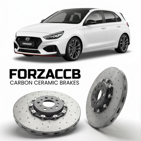 ForzaCCB direct OEM replacement carbon ceramic brake rotors for 2021 to 2026 Hyundai i30 N Line models, shown with a white Hyundai i30 N Line car.