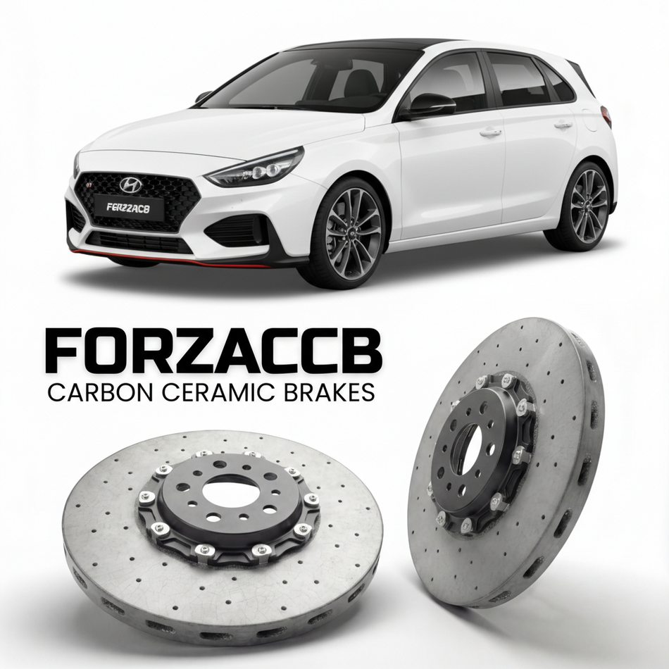 ForzaCCB direct OEM replacement carbon ceramic brake rotors for 2021 to 2026 Hyundai i30 N Line models, shown with a white Hyundai i30 N Line car.