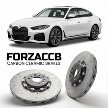 ForzaCCB direct OEM replacement carbon ceramic brake rotors for 2021 and newer BMW i4 Gran Coupe G26 models, shown with a white BMW i4 Gran Coupe car.