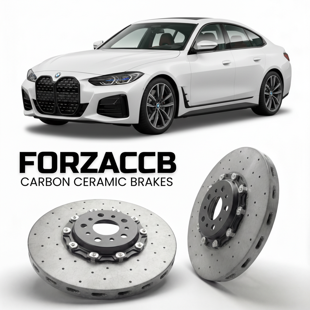 ForzaCCB direct OEM replacement carbon ceramic brake rotors for 2021 and newer BMW i4 Gran Coupe G26 models, shown with a white BMW i4 Gran Coupe car.