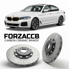 ForzaCCB direct OEM replacement carbon ceramic brake rotors for 2023 and newer BMW i5 Sedan G60 models, shown with a white BMW i5 Sedan car.