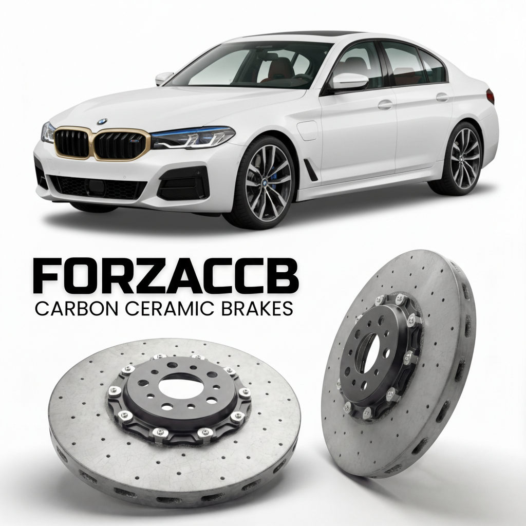 ForzaCCB direct OEM replacement carbon ceramic brake rotors for 2023 and newer BMW i5 Sedan G60 models, shown with a white BMW i5 Sedan car.