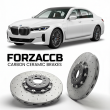 ForzaCCB direct OEM replacement carbon ceramic brake rotors for 2022 and newer BMW i7 Sedan G70 models, shown with a white BMW i7 Sedan car.