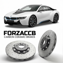 ForzaCCB direct OEM replacement carbon ceramic brake rotors for 2014 to 2020 BMW i8 Coupe I12 models, shown with a white BMW i8 Coupe car.