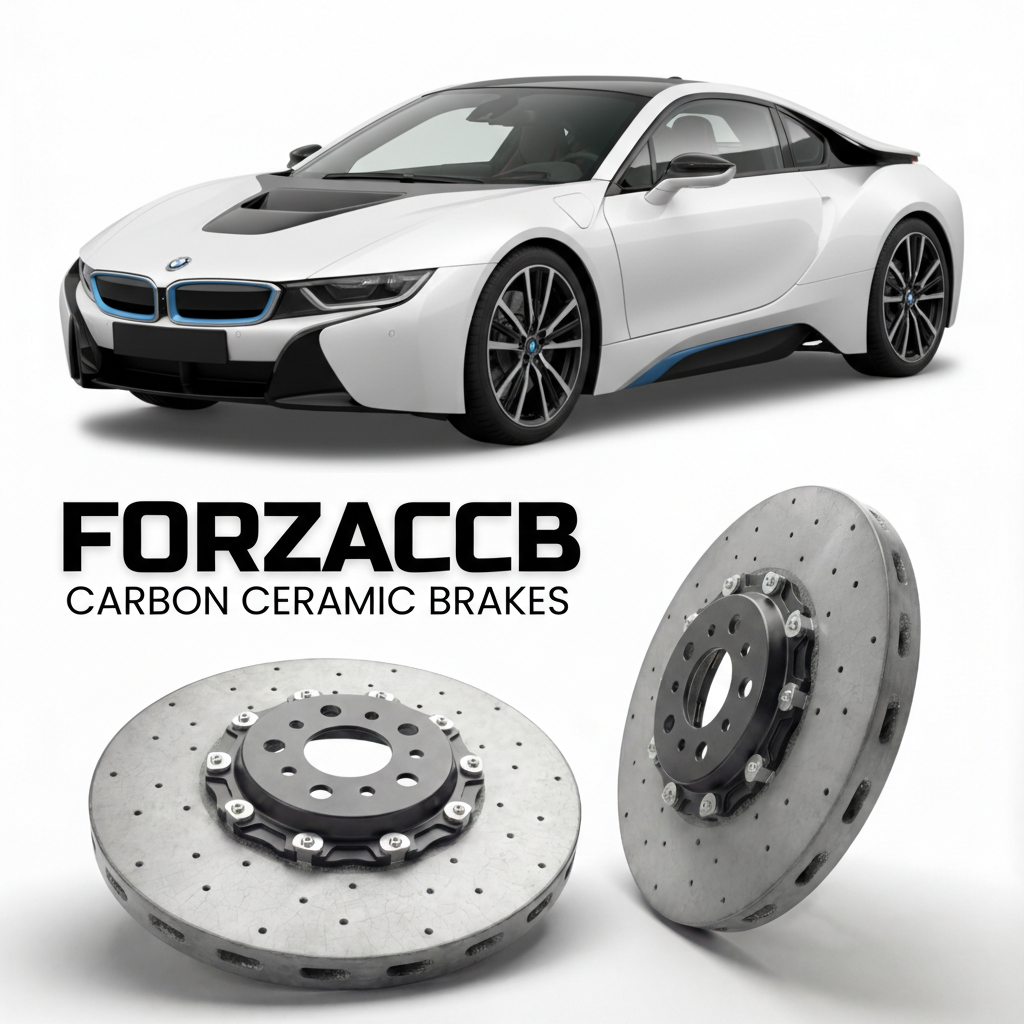 ForzaCCB direct OEM replacement carbon ceramic brake rotors for 2014 to 2020 BMW i8 Coupe I12 models, shown with a white BMW i8 Coupe car.