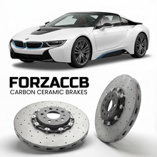 ForzaCCB direct OEM replacement carbon ceramic brake rotors for 2018 to 2020 BMW i8 Roadster I15 models, shown with a white BMW i8 Roadster car.