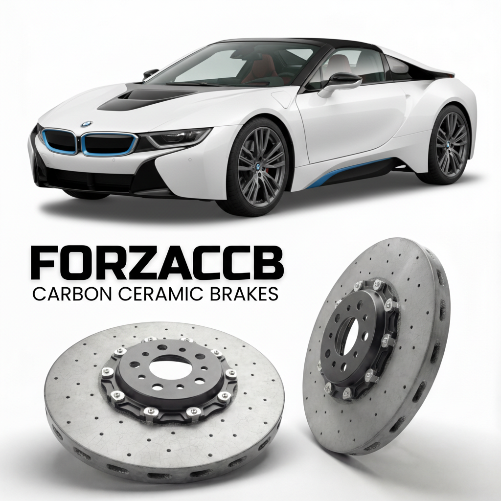 ForzaCCB direct OEM replacement carbon ceramic brake rotors for 2018 to 2020 BMW i8 Roadster I15 models, shown with a white BMW i8 Roadster car.