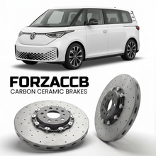 ForzaCCB direct OEM replacement carbon ceramic brake rotors for 2022- Volkswagen ID. Buzz EB models, shown with a white Volkswagen ID. Buzz car.