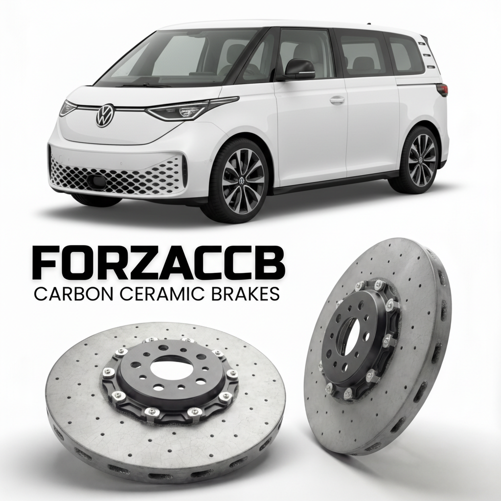 ForzaCCB direct OEM replacement carbon ceramic brake rotors for 2022- Volkswagen ID. Buzz EB models, shown with a white Volkswagen ID. Buzz car.