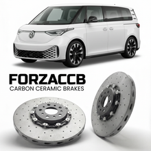 ForzaCCB direct OEM replacement carbon ceramic brake rotors for 2024- Volkswagen ID. Buzz GTX EB models, shown with a white Volkswagen ID. Buzz GTX car.