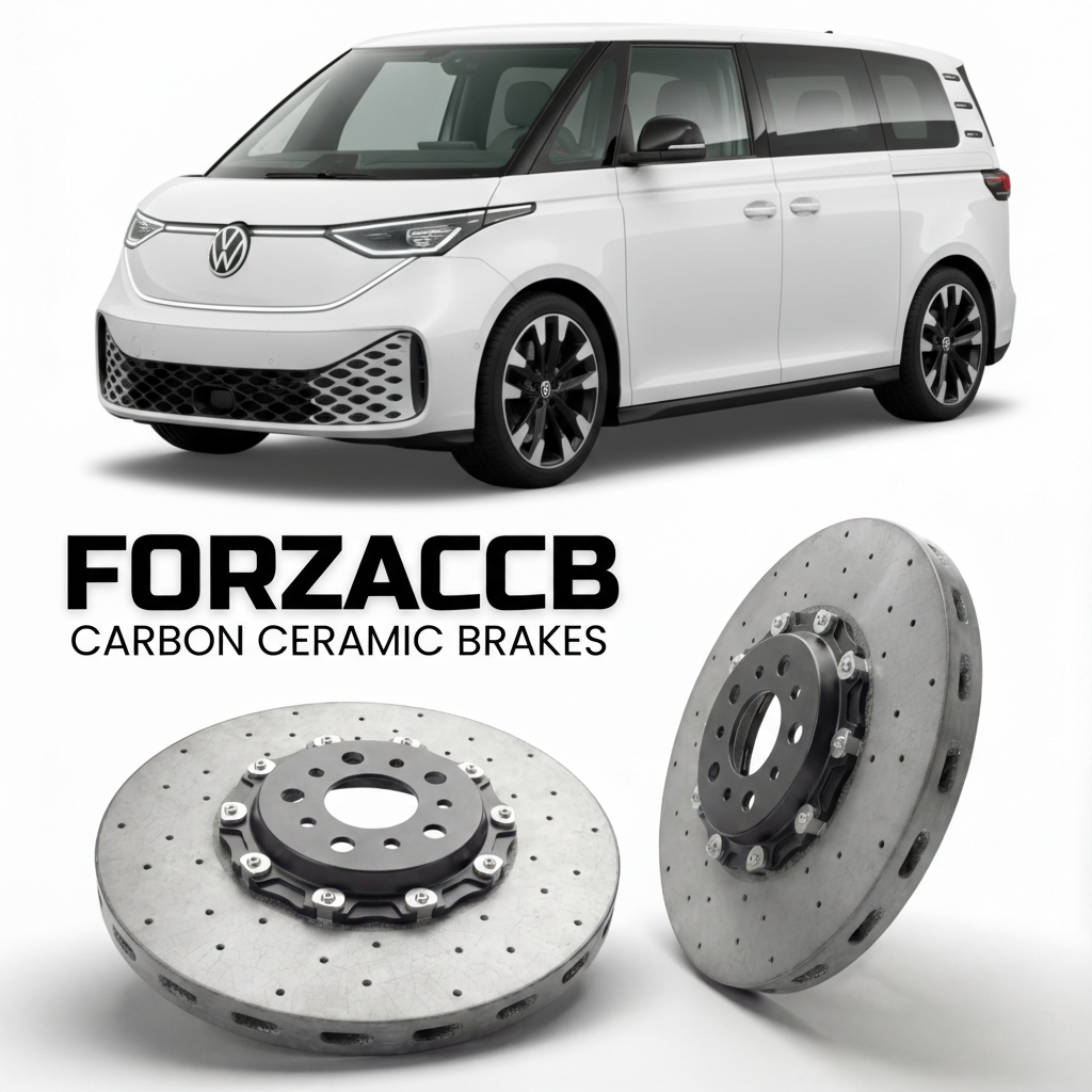 ForzaCCB direct OEM replacement carbon ceramic brake rotors for 2024- Volkswagen ID. Buzz GTX EB models, shown with a white Volkswagen ID. Buzz GTX car.