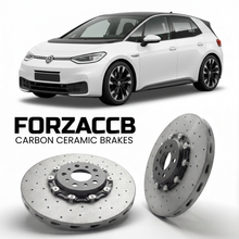 ForzaCCB direct OEM replacement carbon ceramic brake rotors for 2019- Volkswagen ID.3 E11 models, shown with a white Volkswagen ID.3 car.