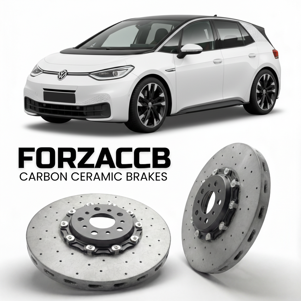 ForzaCCB direct OEM replacement carbon ceramic brake rotors for 2019- Volkswagen ID.3 E11 models, shown with a white Volkswagen ID.3 car.