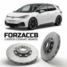 ForzaCCB direct OEM replacement carbon ceramic brake rotors for 2024- Volkswagen ID.3 GTX / Performance E11 models, shown with a white Volkswagen ID.3 GTX / Performance car.