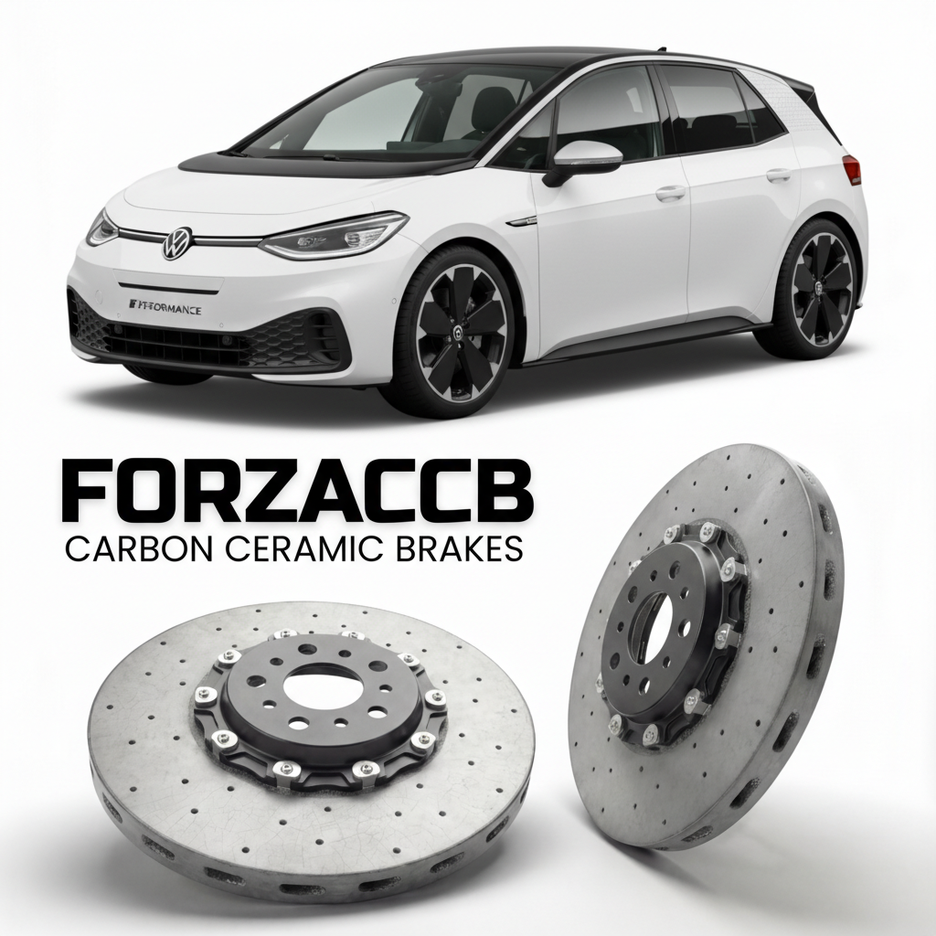 ForzaCCB direct OEM replacement carbon ceramic brake rotors for 2024- Volkswagen ID.3 GTX / Performance E11 models, shown with a white Volkswagen ID.3 GTX / Performance car.