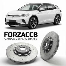 ForzaCCB direct OEM replacement carbon ceramic brake rotors for 2020- Volkswagen ID.4 E21 models, shown with a white Volkswagen ID.4 car.