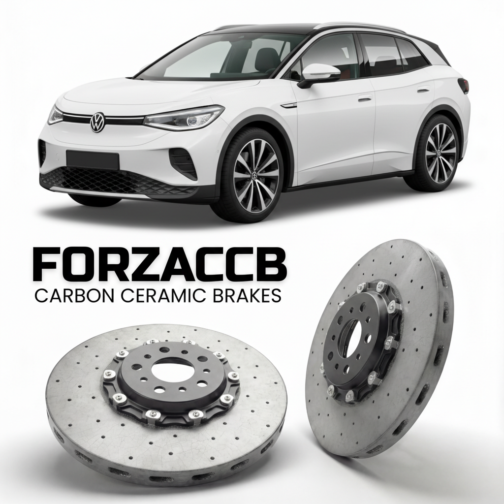 ForzaCCB direct OEM replacement carbon ceramic brake rotors for 2020- Volkswagen ID.4 E21 models, shown with a white Volkswagen ID.4 car.