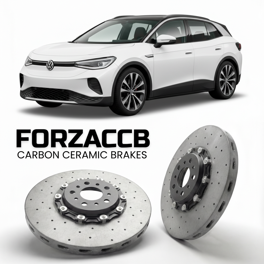 ForzaCCB direct OEM replacement carbon ceramic brake rotors for 2021- Volkswagen ID.4 GTX E21 models, shown with a white Volkswagen ID.4 GTX car.
