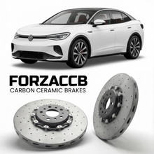 ForzaCCB direct OEM replacement carbon ceramic brake rotors for 2021- Volkswagen ID.5 E39 models, shown with a white Volkswagen ID.5 car.
