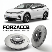 ForzaCCB direct OEM replacement carbon ceramic brake rotors for 2021- Volkswagen ID.5 GTX E39 models, shown with a white Volkswagen ID.5 GTX car.