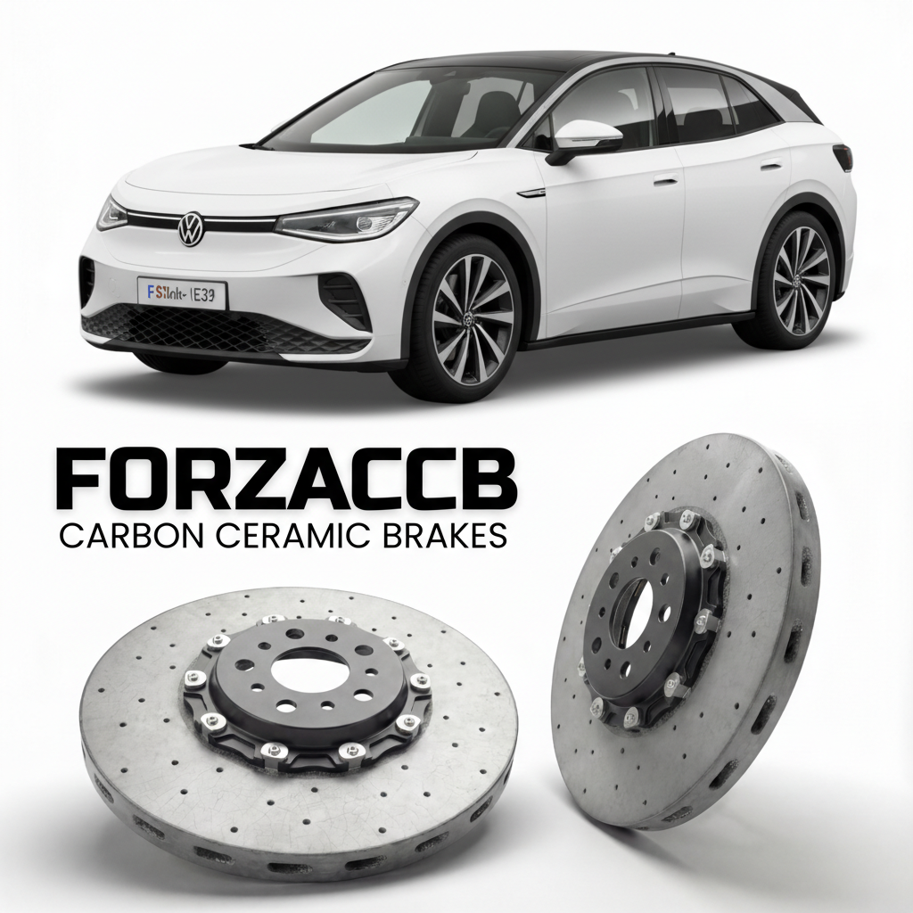 ForzaCCB direct OEM replacement carbon ceramic brake rotors for 2021- Volkswagen ID.5 GTX E39 models, shown with a white Volkswagen ID.5 GTX car.