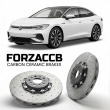 ForzaCCB direct OEM replacement carbon ceramic brake rotors for 2023- Volkswagen ID.7 ED models, shown with a white Volkswagen ID.7 car.