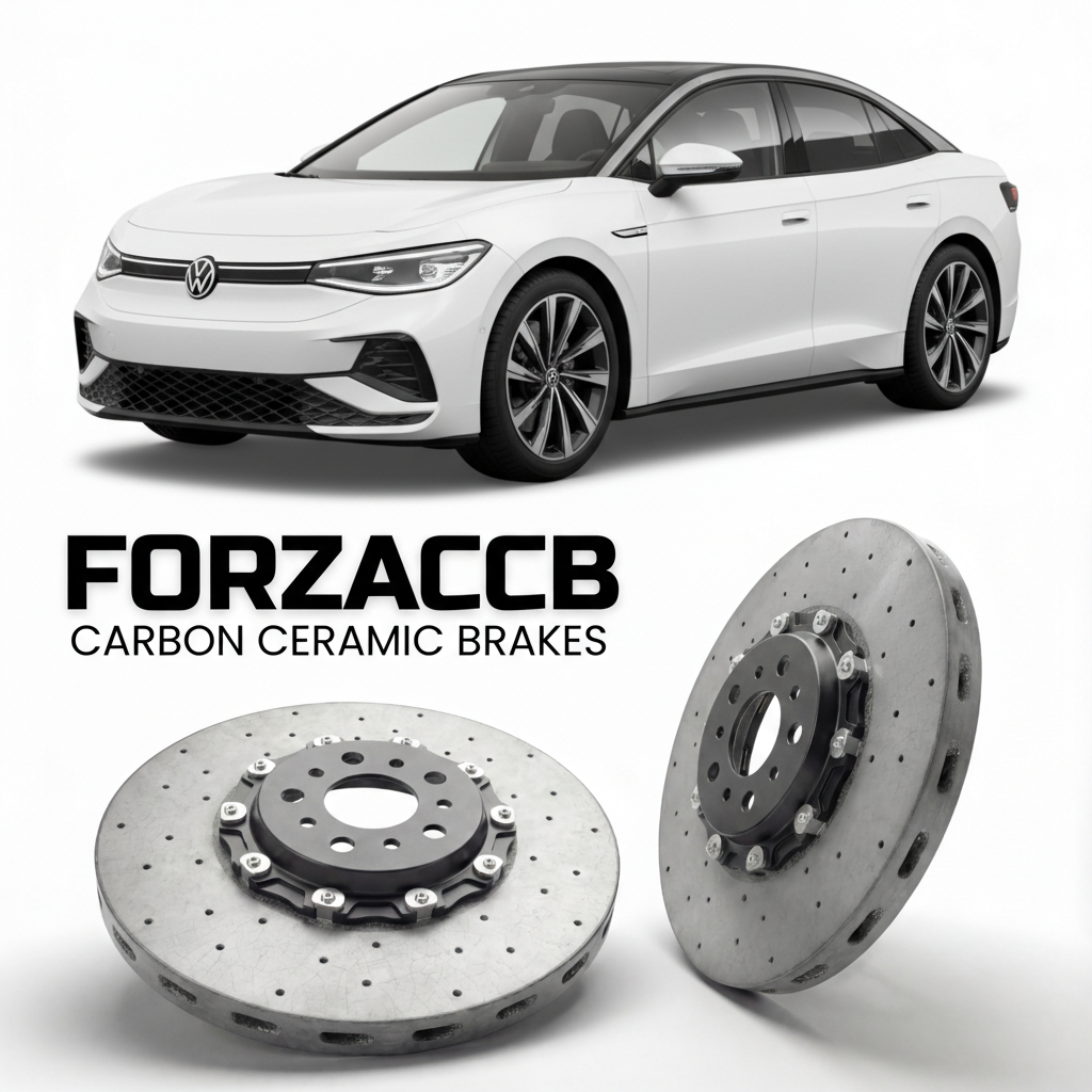 ForzaCCB direct OEM replacement carbon ceramic brake rotors for 2023- Volkswagen ID.7 ED models, shown with a white Volkswagen ID.7 car.