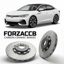 ForzaCCB direct OEM replacement carbon ceramic brake rotors for 2024- Volkswagen ID.7 GTX ED models, shown with a white Volkswagen ID.7 GTX car.