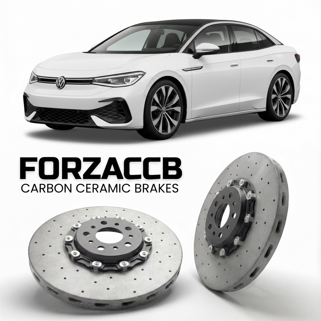 ForzaCCB direct OEM replacement carbon ceramic brake rotors for 2024- Volkswagen ID.7 GTX ED models, shown with a white Volkswagen ID.7 GTX car.
